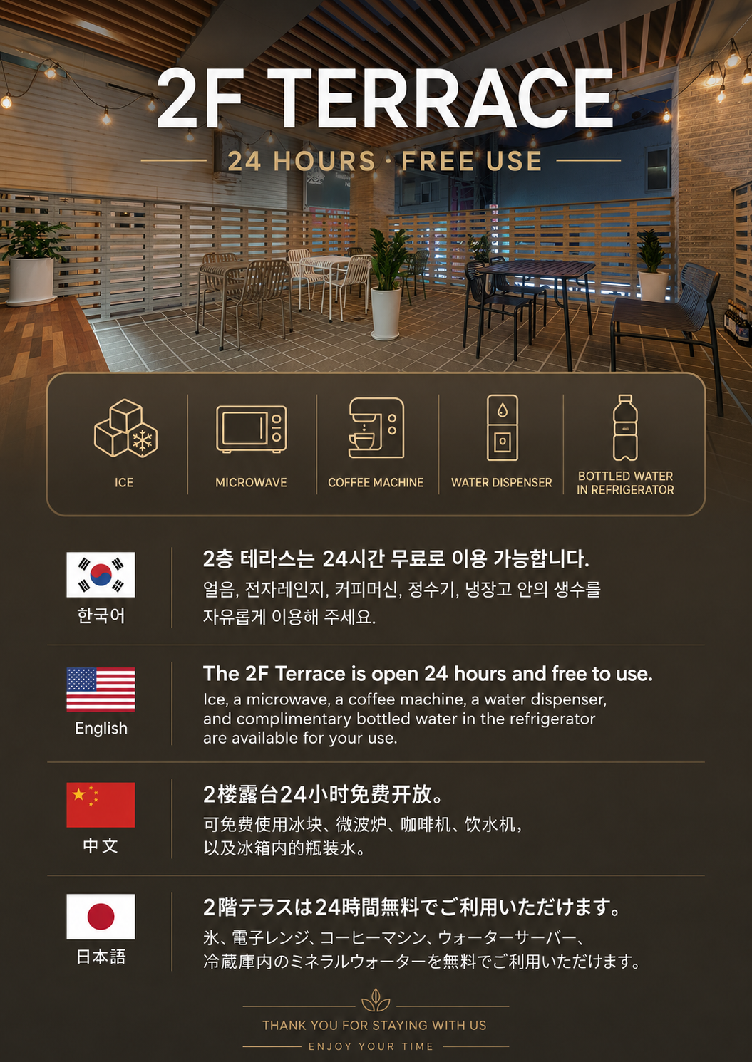 酒店2楼露台，设有桌椅及休息空间